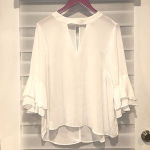 Zara white women’s bell sleeve, slot collar  satin flowy top size XL